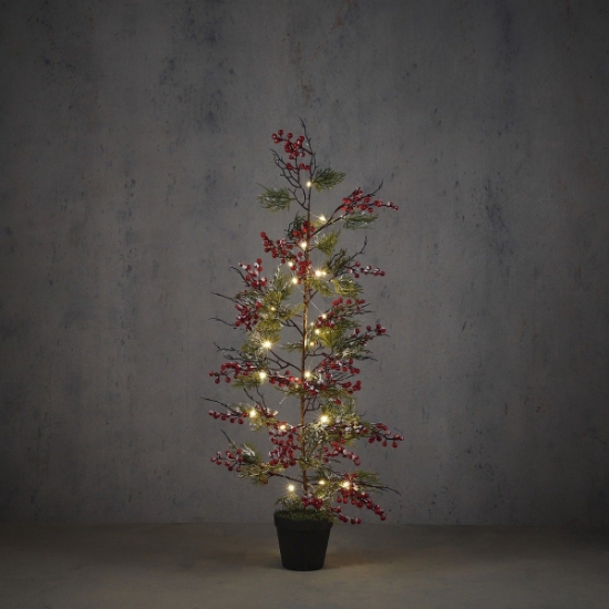 Imagine Brad de Craciun decorativ cu LED-uri calde si fructe de padure, 120cm, ghiveci inclus